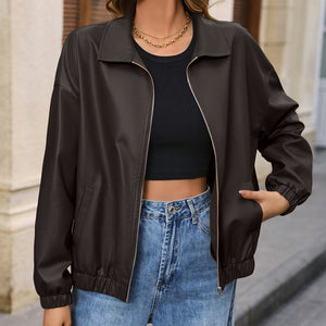 Casual Long Sleeve Solid Color PU Lapel Jacket