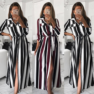 striped long-sleeved shirt dress