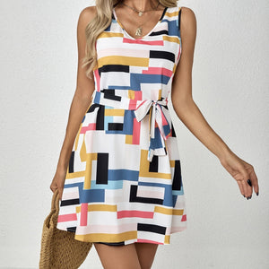 Ladies Off Shoulder V-neck Waistband Vacation Style Contrasting Checkered Print Dress