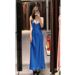 Blue French Silky Satin Halter Spaghetti Straps Dress