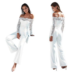 Lace patchwork one neckline butterfly jumpsuit with large flared pants