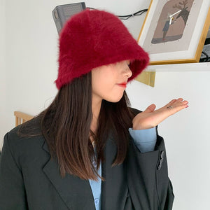 Winter women's fashion Solid color rabbit fur hat bucket cap - foxberryparkproducts