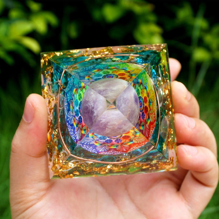 Handmade Amethyst Crystal Sphere Orgone Pyramid Copper Blue Quartz EMF Protection Energy Orgonite - foxberryparkproducts