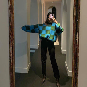 Large Plaid Knitted Women's Sweater New Korean Version Loose Medium Length Garden Collar Long Sleeve Knitted Cardigan