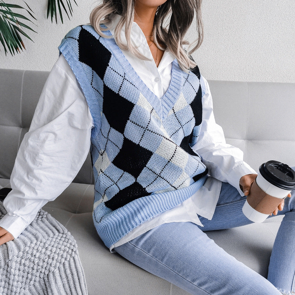 Autumn And Winter College Style Diamond V-Neck Casual Loose Knit Vest Sweater