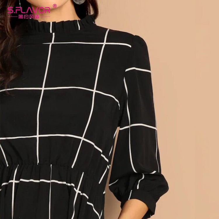 Stand Collar Simple Plaid Dress Autumn Winter - foxberryparkproducts
