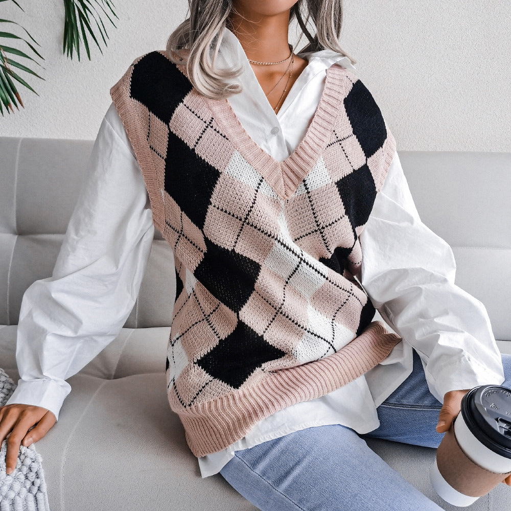 Autumn And Winter College Style Diamond V-Neck Casual Loose Knit Vest Sweater