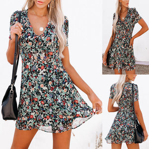 Women's Short Sleeve V-Neck Floral Dress - foxberryparkproducts