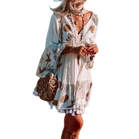 Women starfish flower print long sleeve v-neck beach Bohemian dress tassel - foxberryparkproducts