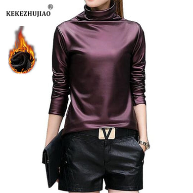 Plus Size Women Pu Turtleneck Blouse Metallic Long Sleeve faux leather Wet Look shirts op Ladies - foxberryparkproducts