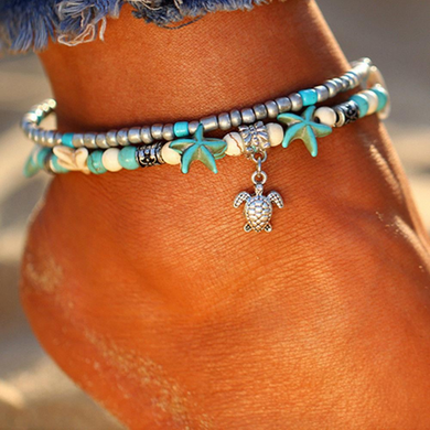 Vintage Double Beaded Turtle Starfish Boho Anklet - foxberryparkproducts