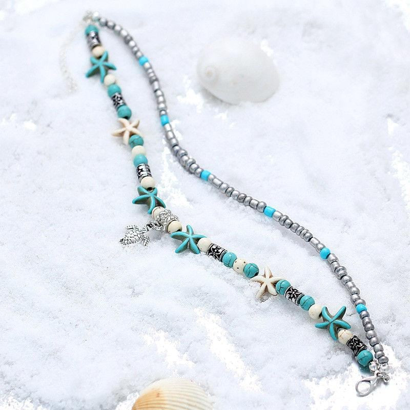 Vintage Double Beaded Turtle Starfish Boho Anklet - foxberryparkproducts