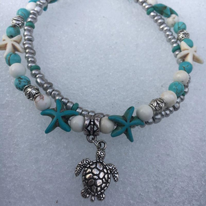 Vintage Double Beaded Turtle Starfish Boho Anklet - foxberryparkproducts