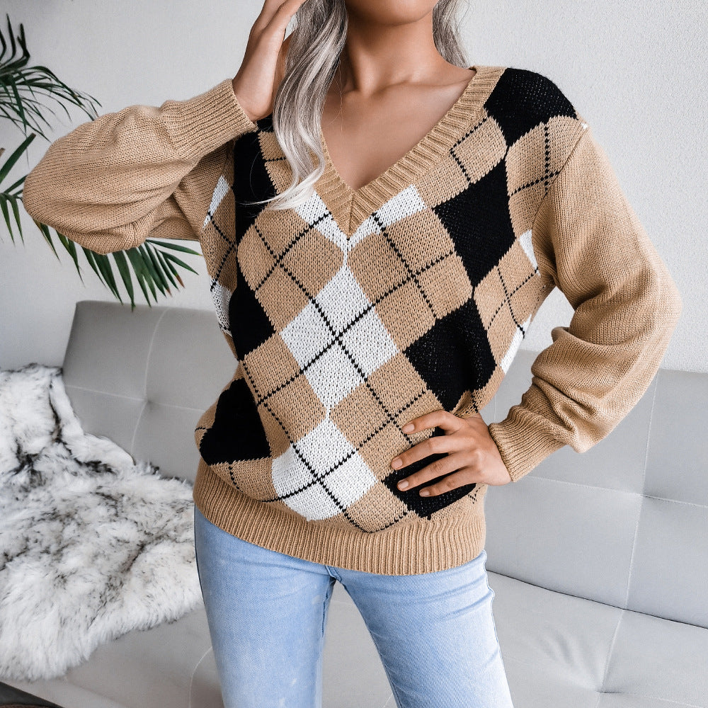 Autumn and Winter New College Style Diamond Casual Sweater