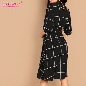 Stand Collar Simple Plaid Dress Autumn Winter - foxberryparkproducts