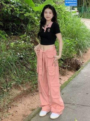 New Vintage Multi Pocket Vintage Overalls Women Drag Cool Street Loose Straight Pants Trend
