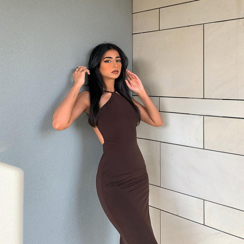 Solid Color Halter Sleeveless Halterneck Dress Long Dress - foxberryparkproducts