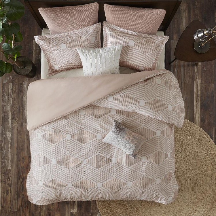 Cotton Jacquard Duvet Cover Set Gray/Blush 094 - foxberryparkproducts