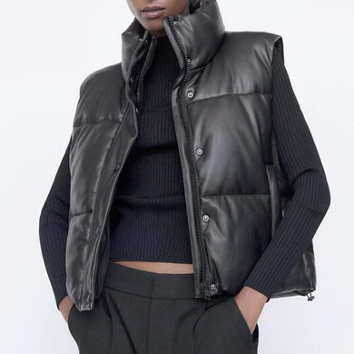 women Black Warm Faux Leather Vest Coat - foxberryparkproducts