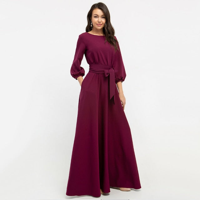 Autumn Women Casual Bow Maxi Sashes Dress - foxberryparkproducts