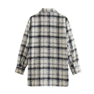 Loose Beige Plaid Tweed Shirt  Basic Oversized Jacket  Shirt Coat - foxberryparkproducts
