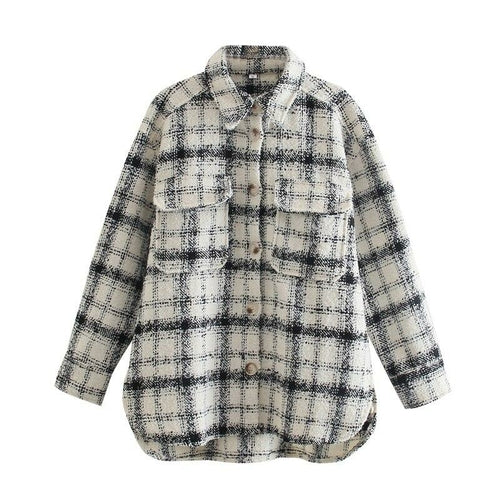 Loose Beige Plaid Tweed Shirt  Basic Oversized Jacket  Shirt Coat - foxberryparkproducts