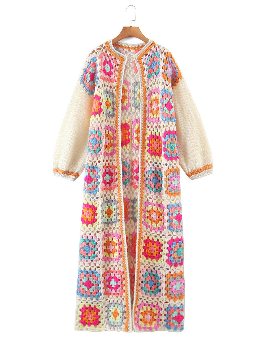 BOHO Colored Plaid Flower Hand Crochet Cardigan - foxberryparkproducts