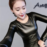 Plus Size Women Pu Turtleneck Blouse Metallic Long Sleeve faux leather Wet Look shirts op Ladies - foxberryparkproducts