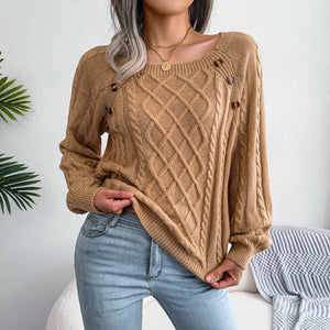 Autumn And Winter Casual Square Collar Nail Button Twist Knit Pullover