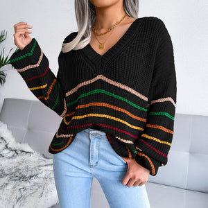 Autumn And Winter New Rainbow Stripes Casual Loose Sweater