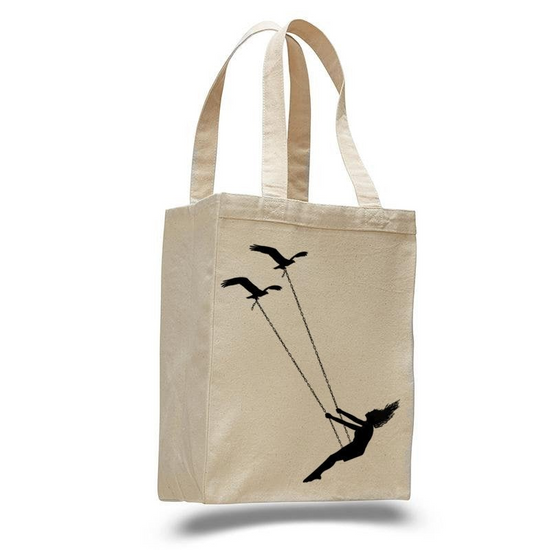 Flying bird swing- cotton canvas natural tote bag - foxberryparkproducts