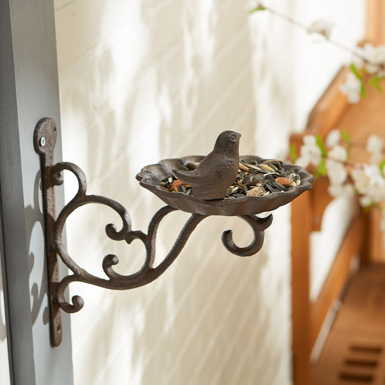 Wall-Mounted Cast Iron Scrolled Bracket with Bird Feeder - foxberryparkproducts