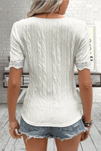 Load image into Gallery viewer, Buttoned V-Neck Lace Trim T-Shirt
