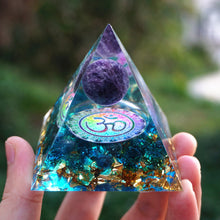 Load image into Gallery viewer, HANDMADE OHM AMETHYST SPHERE BLUE QUARTZ ORGONE PYRAMID 60MM - foxberryparkproducts
