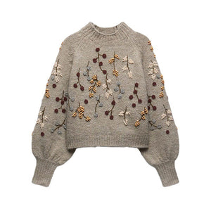 Winter Beaded Embroidery Decoration Bubble Sleeve Sweater