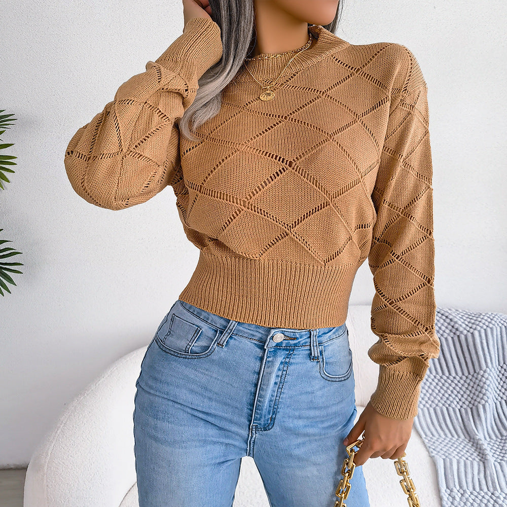 Ins Style Live Shot Autumn And Winter Hollow Plaid Long Sleeve Open Navel Knitting Sweater