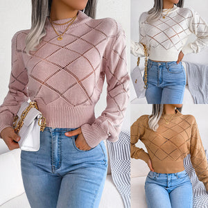 Ins Style Live Shot Autumn And Winter Hollow Plaid Long Sleeve Open Navel Knitting Sweater