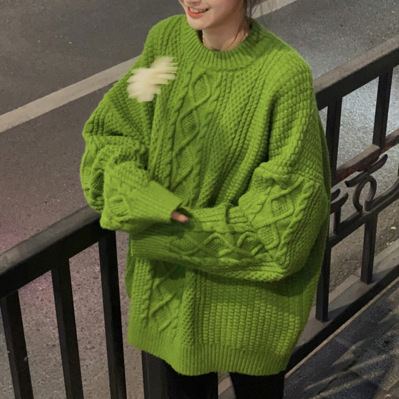 Green Diamond Sweater For Women In Autumn And Winter Thickened Loose Retro Lazy Style Sweet Fried Dough Twist Knitting Top