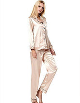 SWOMOG Womens Silk Satin Pajamas Long Sleeve Loungewear Two-Piece Sleepwear Button-Down Pj Set Champagne - foxberryparkproducts