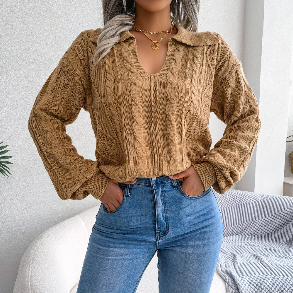 Autumn And Winter Casual Lapel Fried Dough Twist Lantern Sleeve Knitting Sweater