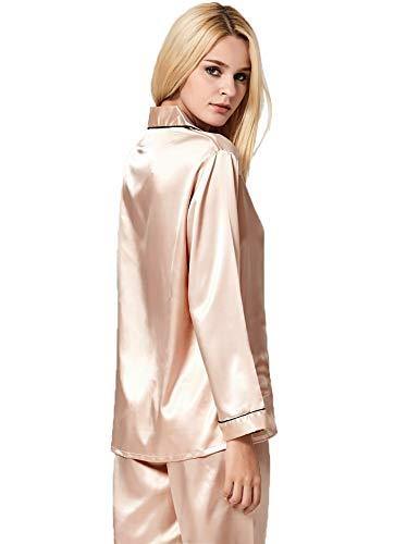 SWOMOG Womens Silk Satin Pajamas Set Long Sleeve Loungewear Two-piece  Sleepwear Button-Down Pj Set