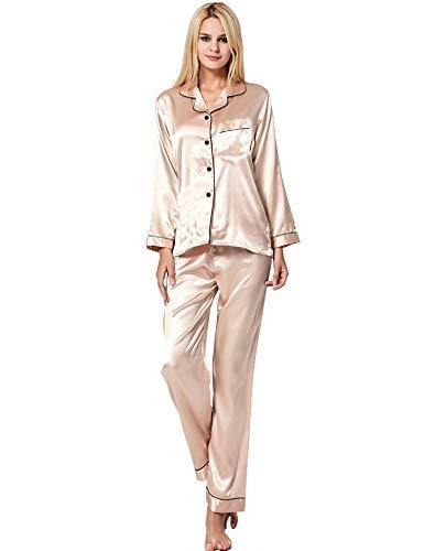 SWOMOG Womens Silk Satin Pajamas Long Sleeve Loungewear Two-Piece Sleepwear Button-Down Pj Set Champagne - foxberryparkproducts