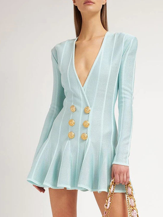 Short Tweed Dress With Gold-Tone Buttons Sexy Green Striped V-Neck
