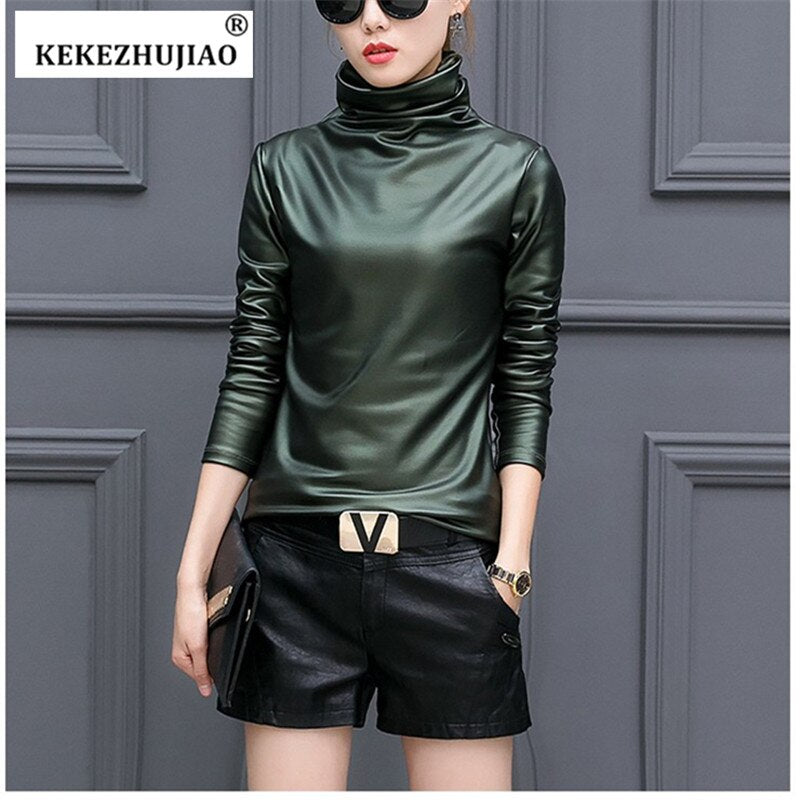 Plus Size Women Pu Turtleneck Blouse Metallic Long Sleeve faux leather Wet Look shirts op Ladies - foxberryparkproducts