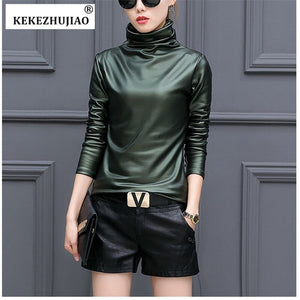 Plus Size Women Pu Turtleneck Blouse Metallic Long Sleeve faux leather Wet Look shirts op Ladies - foxberryparkproducts