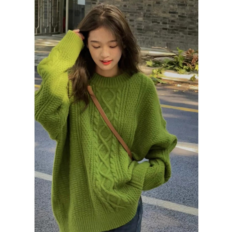 Green Diamond Sweater For Women In Autumn And Winter Thickened Loose Retro Lazy Style Sweet Fried Dough Twist Knitting Top
