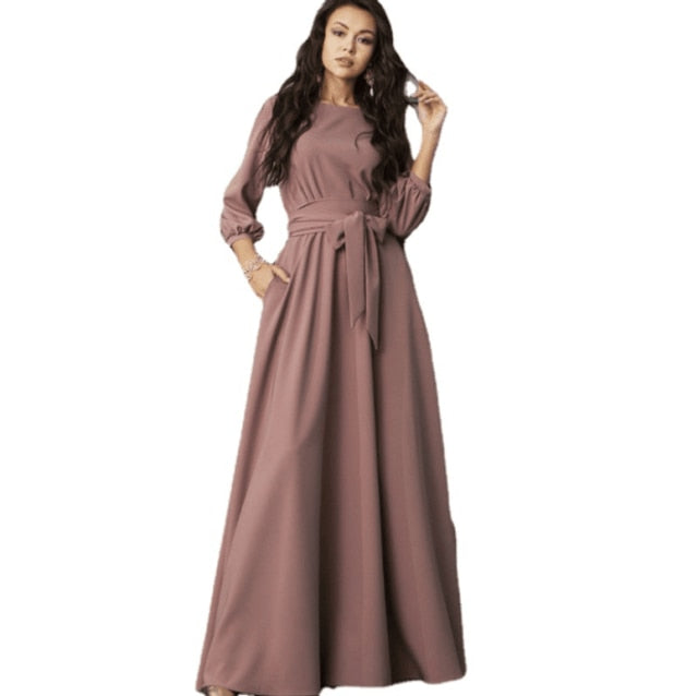 Autumn Women Casual Bow Maxi Sashes Dress - foxberryparkproducts