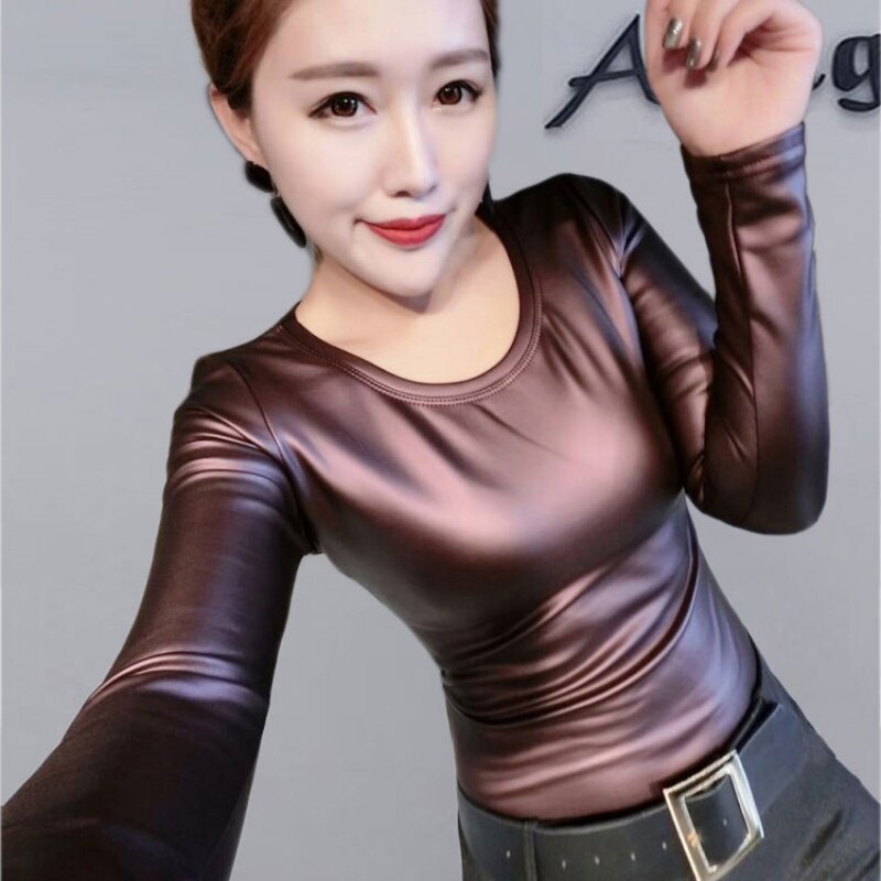 Plus Size Women Pu Turtleneck Blouse Metallic Long Sleeve faux leather Wet Look shirts op Ladies - foxberryparkproducts