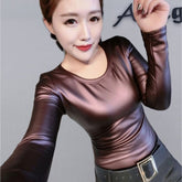 Plus Size Women Pu Turtleneck Blouse Metallic Long Sleeve faux leather Wet Look shirts op Ladies - foxberryparkproducts