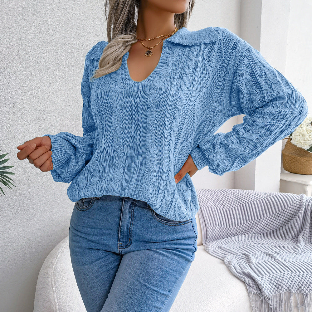 Autumn And Winter Casual Lapel Fried Dough Twist Lantern Sleeve Knitting Sweater